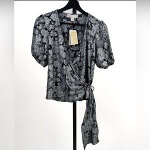 Michael Kors Black and White Floral Wrap Blouse